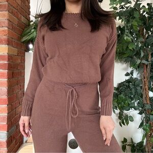 Cozy Brown Knit Lounge Set 2 Piece Flared Pants & Sweater Soft Girl